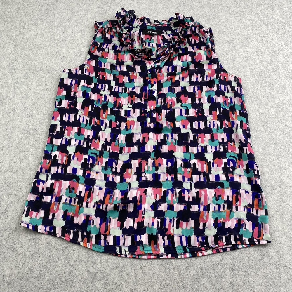 Nine West Blouse Womens Medium Multicolor Geometric Ruffle Sleeveless Top